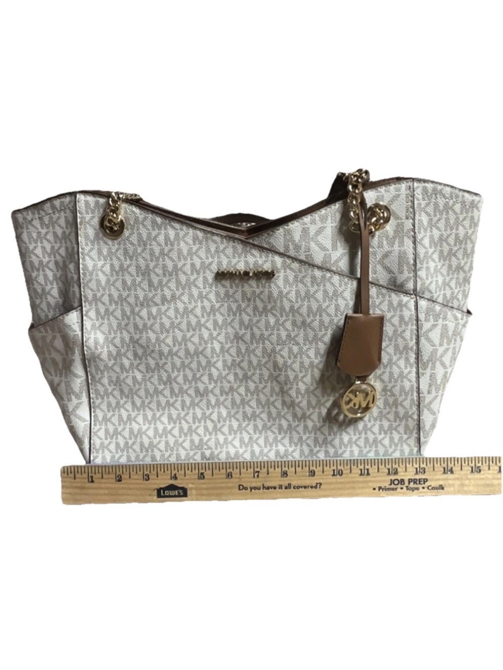 Michael Kors Cream MK Signature Tote with Tan Trim